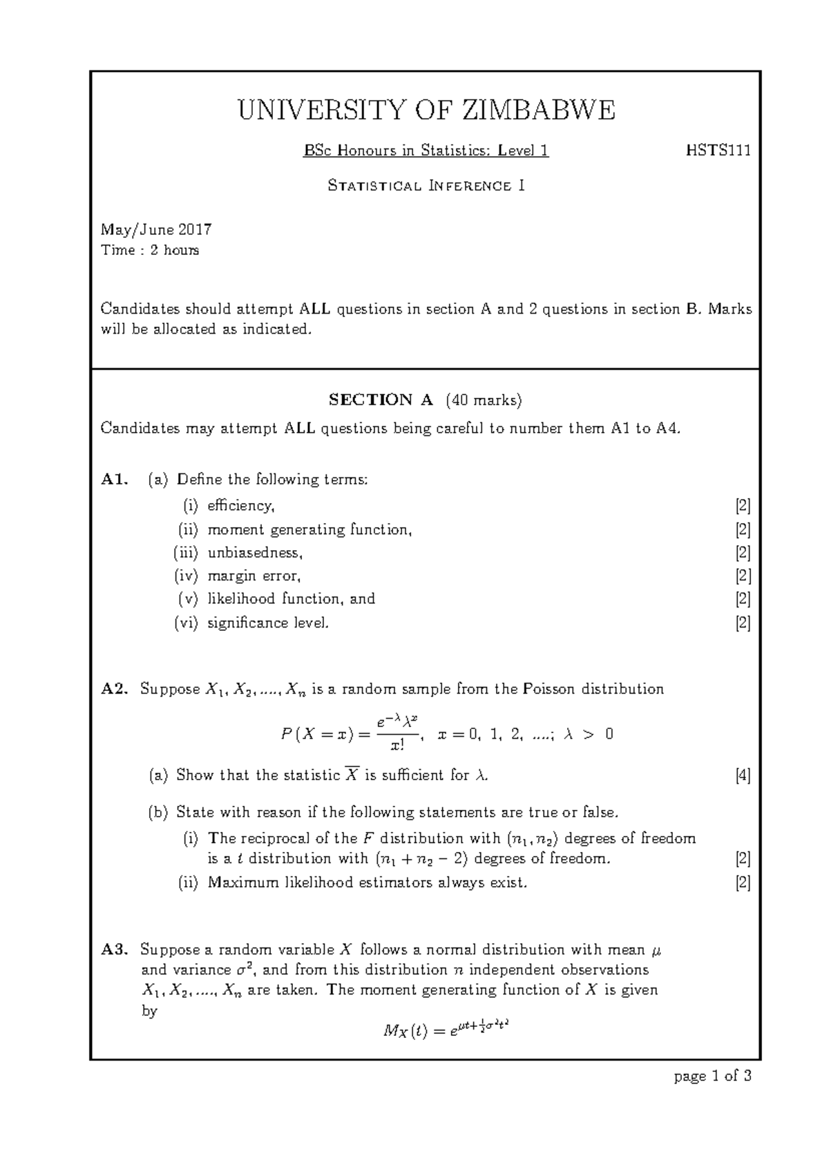 HSTS111 2017 Final Exam: Statistical Inference I Questions & Solutions ...