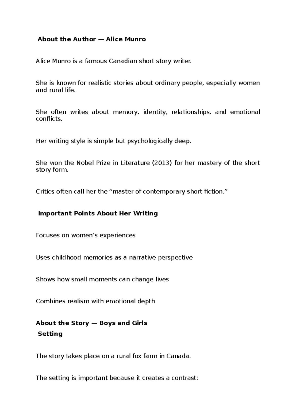 Analysis of "Boys and Girls" by Alice Munro: Themes & Characters - Studocu