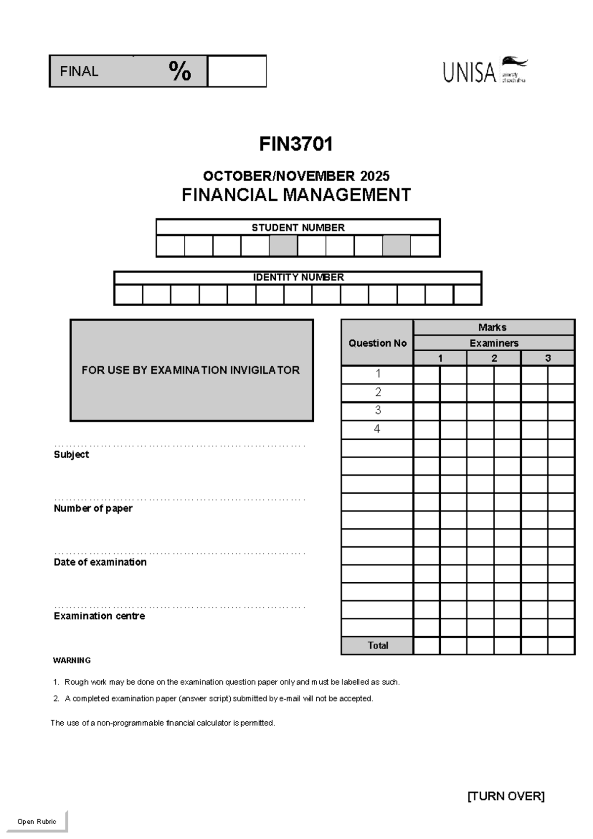 FIN3701 2025 Final Exam: Financial Management Guidelines and Questions ...