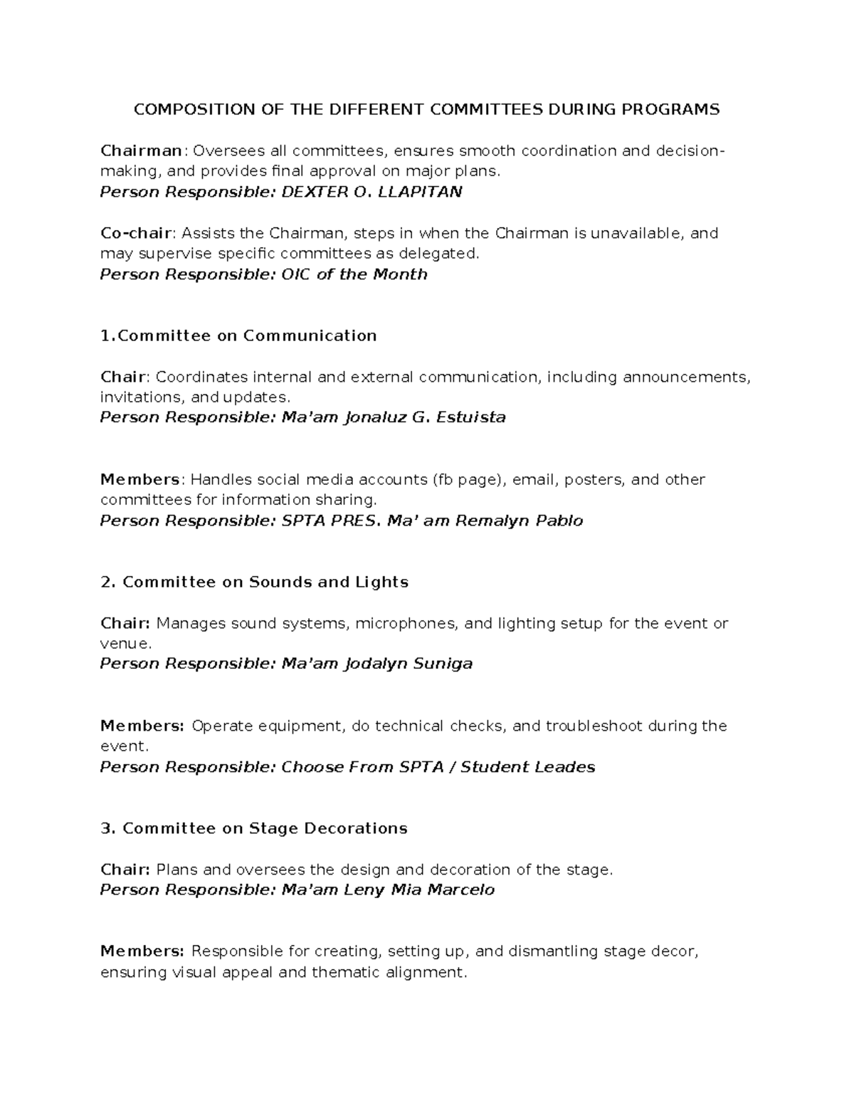 Composition of Committees for Programs: Roles & Responsibilities - Studocu