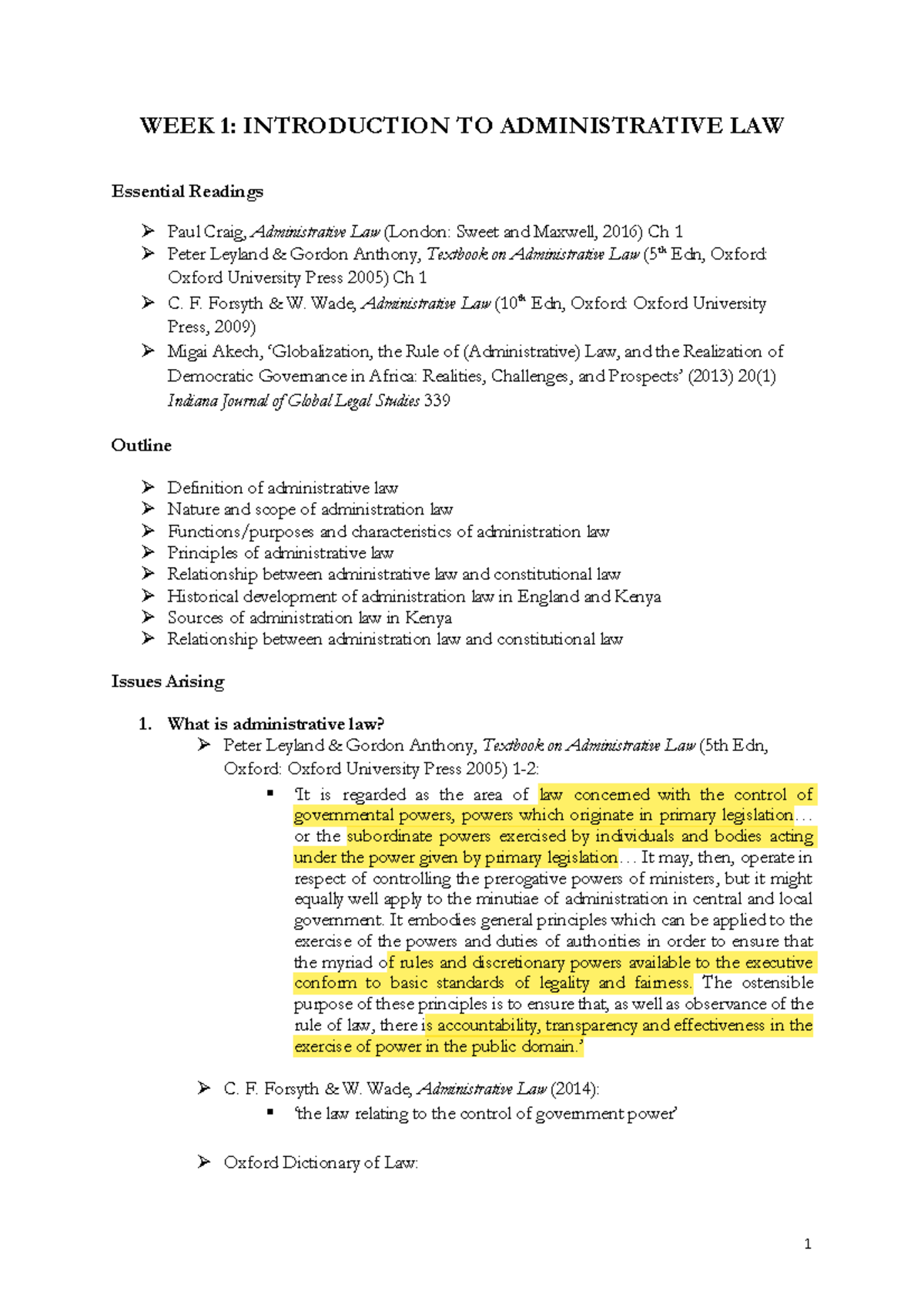 Administrative Law I: Week 1 Overview and Essential Readings - Studocu