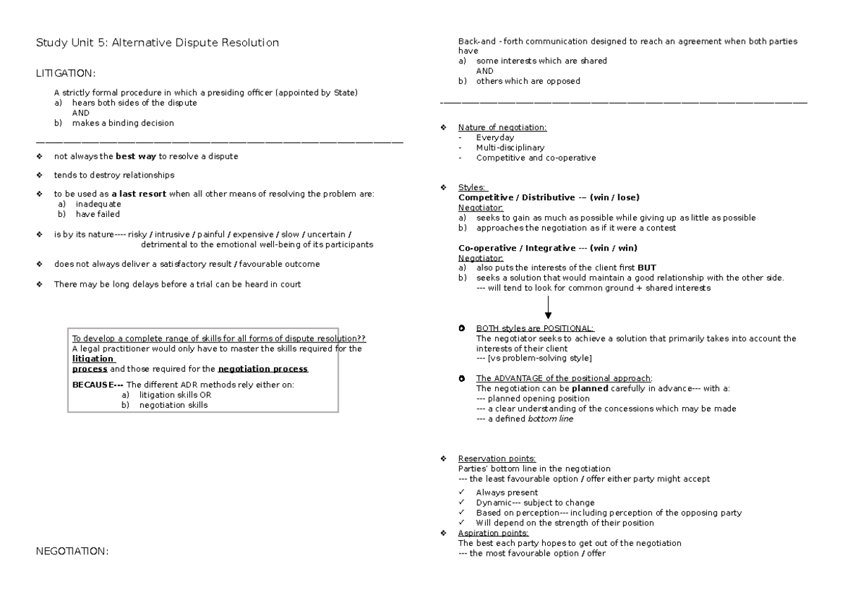 Study UNIT 5 - Study Unit 5: Alternative Dispute Resolution LITIGATION ...