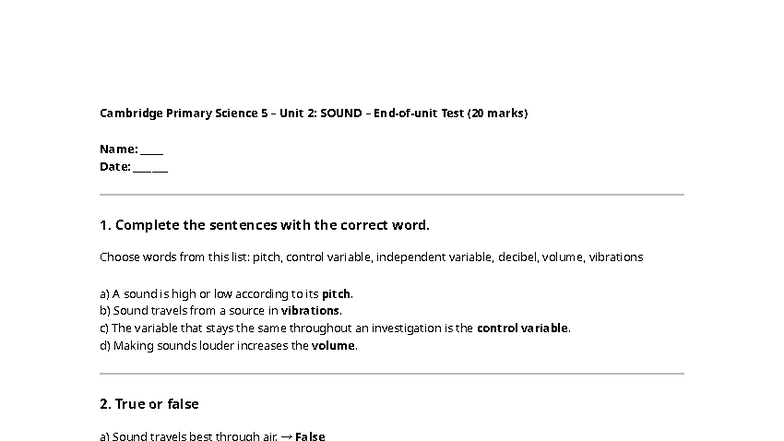 894412084 Sound Unit2 Test - Cambridge Primary Science 5 – Unit 2 ...