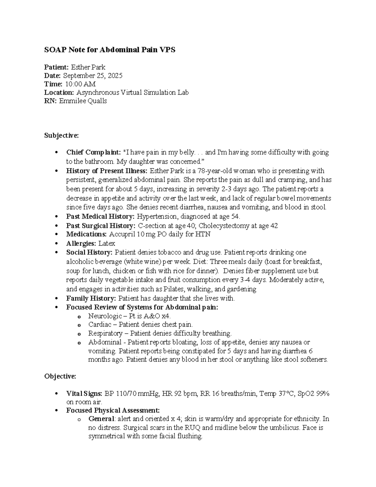 SOAP Note for Abdominal Pain - VPS Patient Esther Park - Studocu