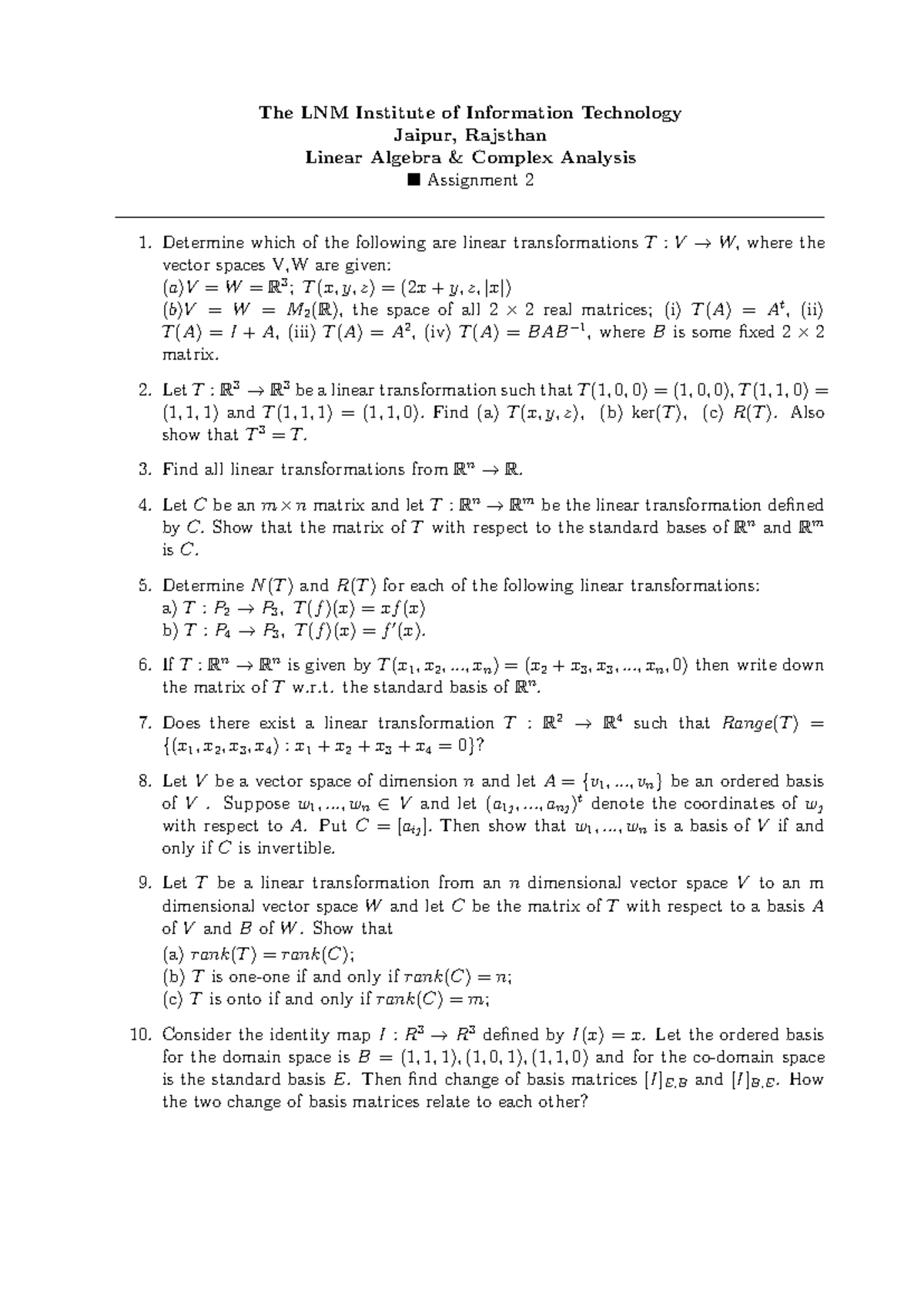 LNM IIT Jaipur: Linear Algebra & Complex Analysis Assignment 6 Problems ...