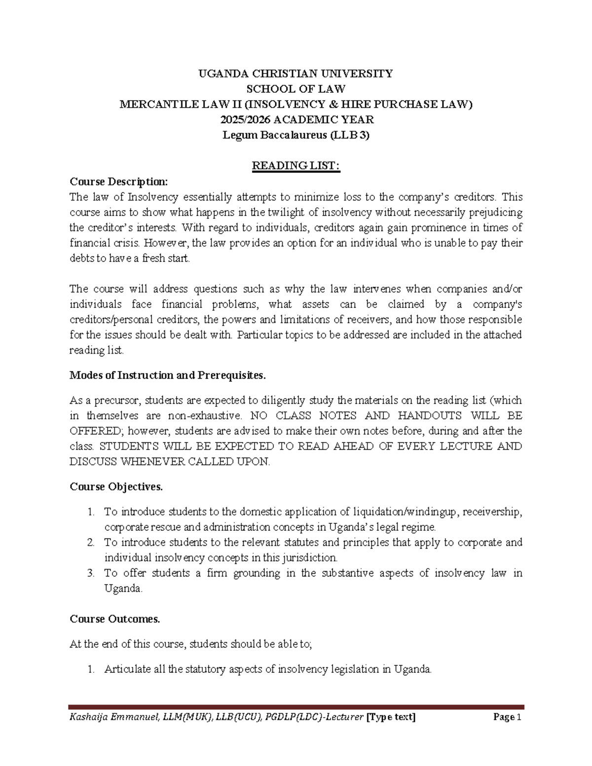 Mercantile Law II (Insolvency & Hire Purchase) Course Outline 2025 ...