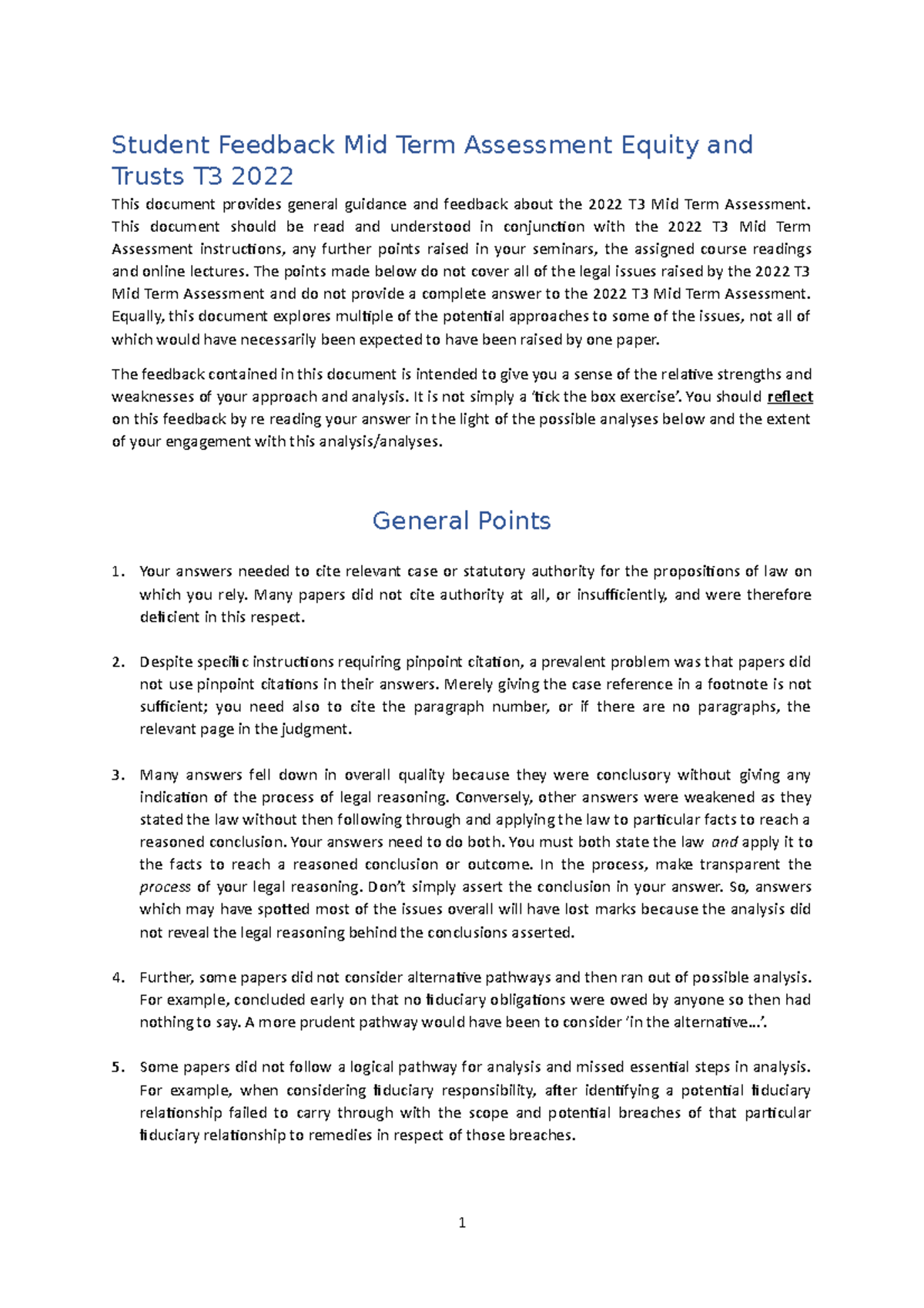 2022 T3 Mid Term Assessment Feedback on Equity & Trusts - Studocu