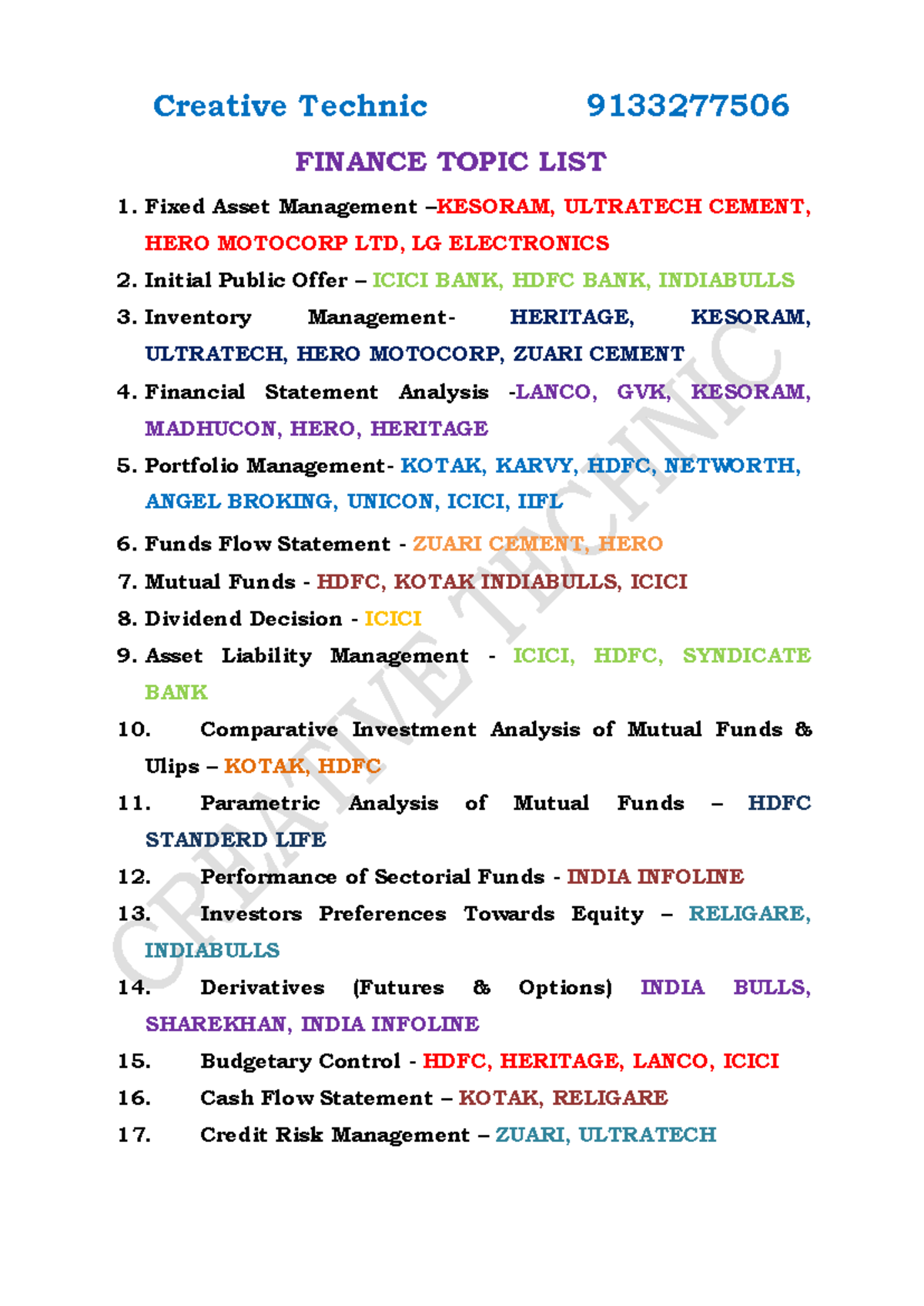 Finance Topic List 9133277506: Key Areas of Study - Studocu