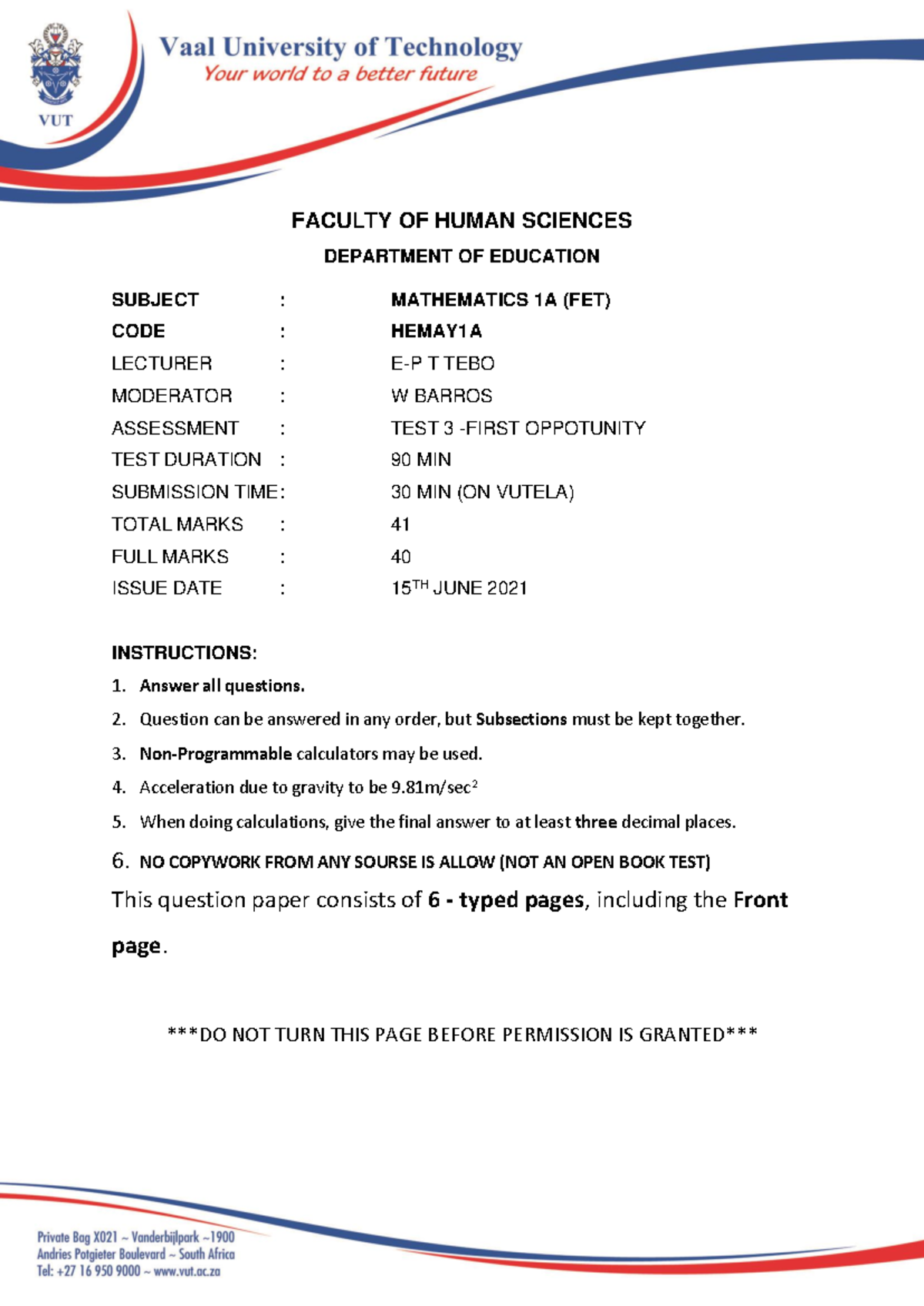 Mathematics 1A (FET) Test 3 - First Opportunity Assessment Notes - Studocu