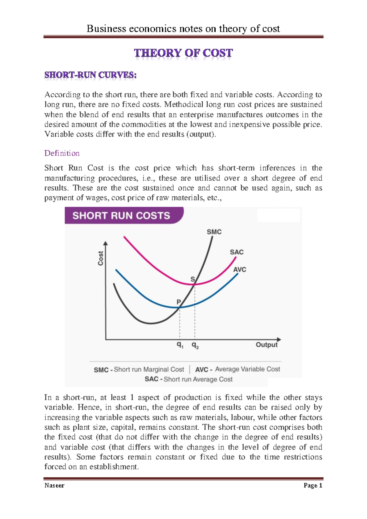 Theory of Cost: Short Run vs Long Run Analysis and Implications - Studocu