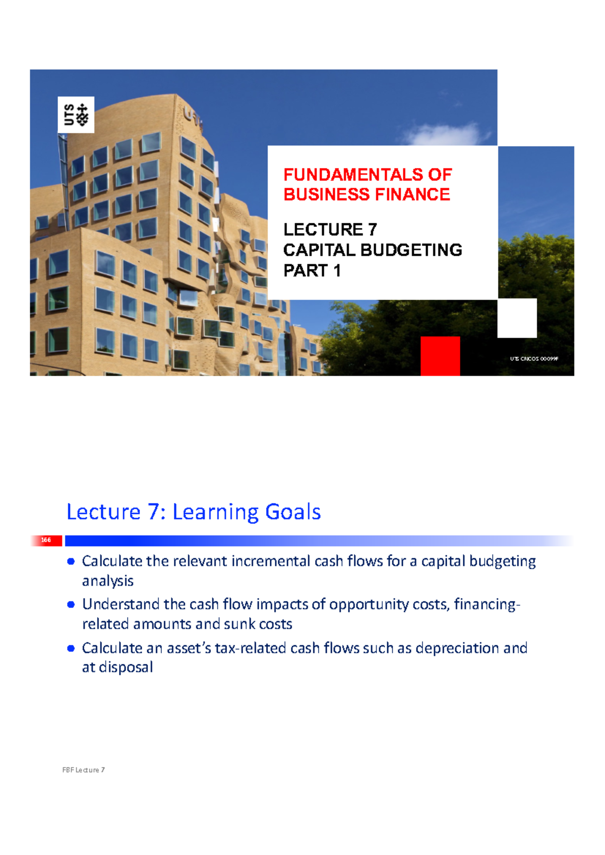 Capital Budgeting 1 - Slides - UTS CRICOS 00099F FUNDAMENTALS OF ...