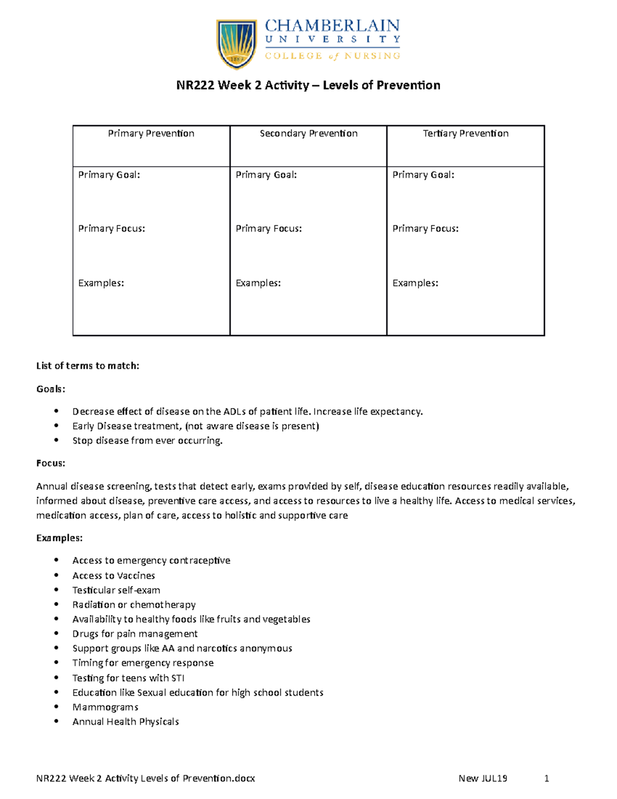 NR222 Week 2 Activity Levels of Prevention - NR222 Week 2 Activity ...