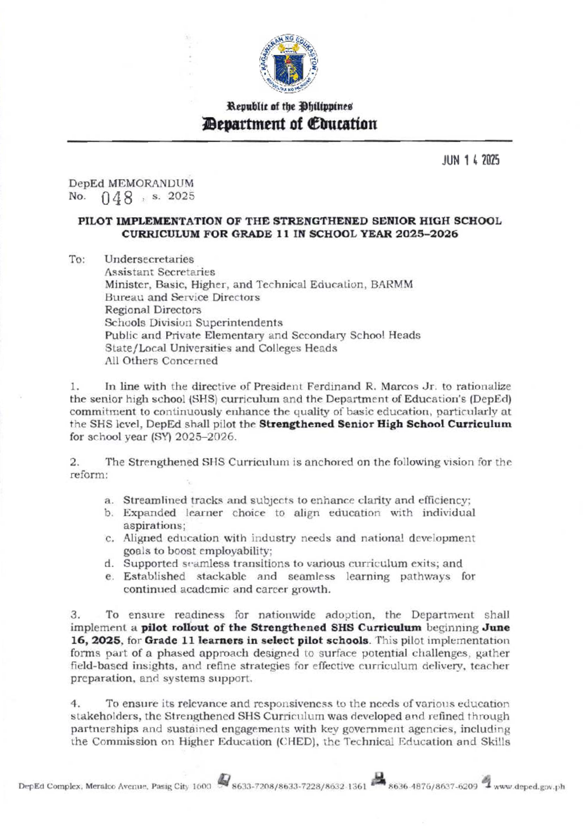 DM s2025 048r - Strengthened SHS Curriculum Overview for SY 2025 - Studocu