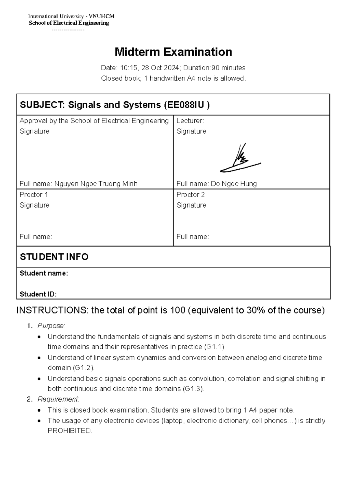 Midterm Exam: Signals and Systems (EE088IU) - VNUHCM - Studocu