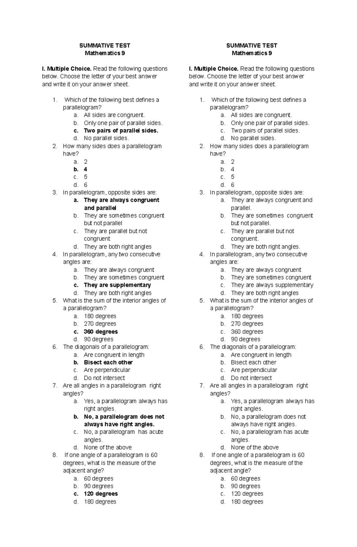 3rd Summative Test Mathematics 9: Parallelograms and Properties - Studocu