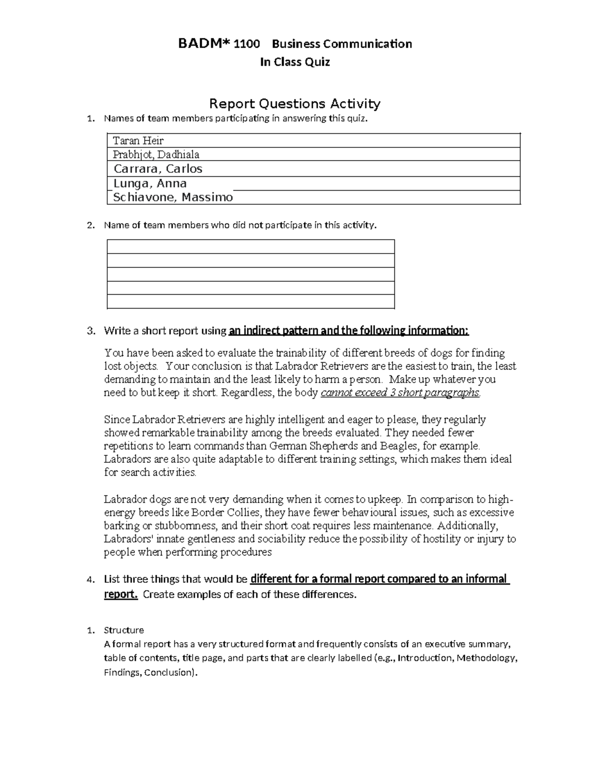 BADM* 1100 In-Class Quiz Report: Evaluating Dog Trainability and ...