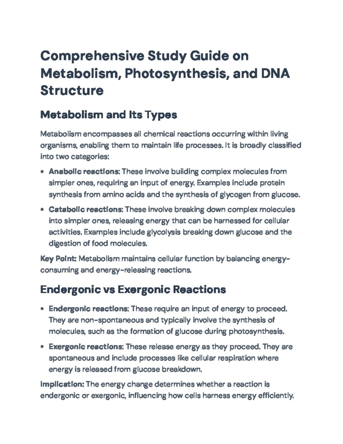Comprehensive Study Guide: Metabolism, Photosynthesis & DNA Structure ...