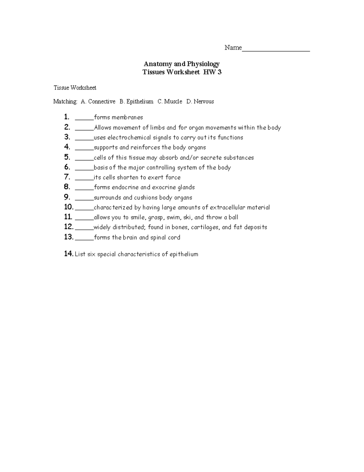 HW 3 tissues worksheet - Matching review sheet of Tissue Types - Name ...