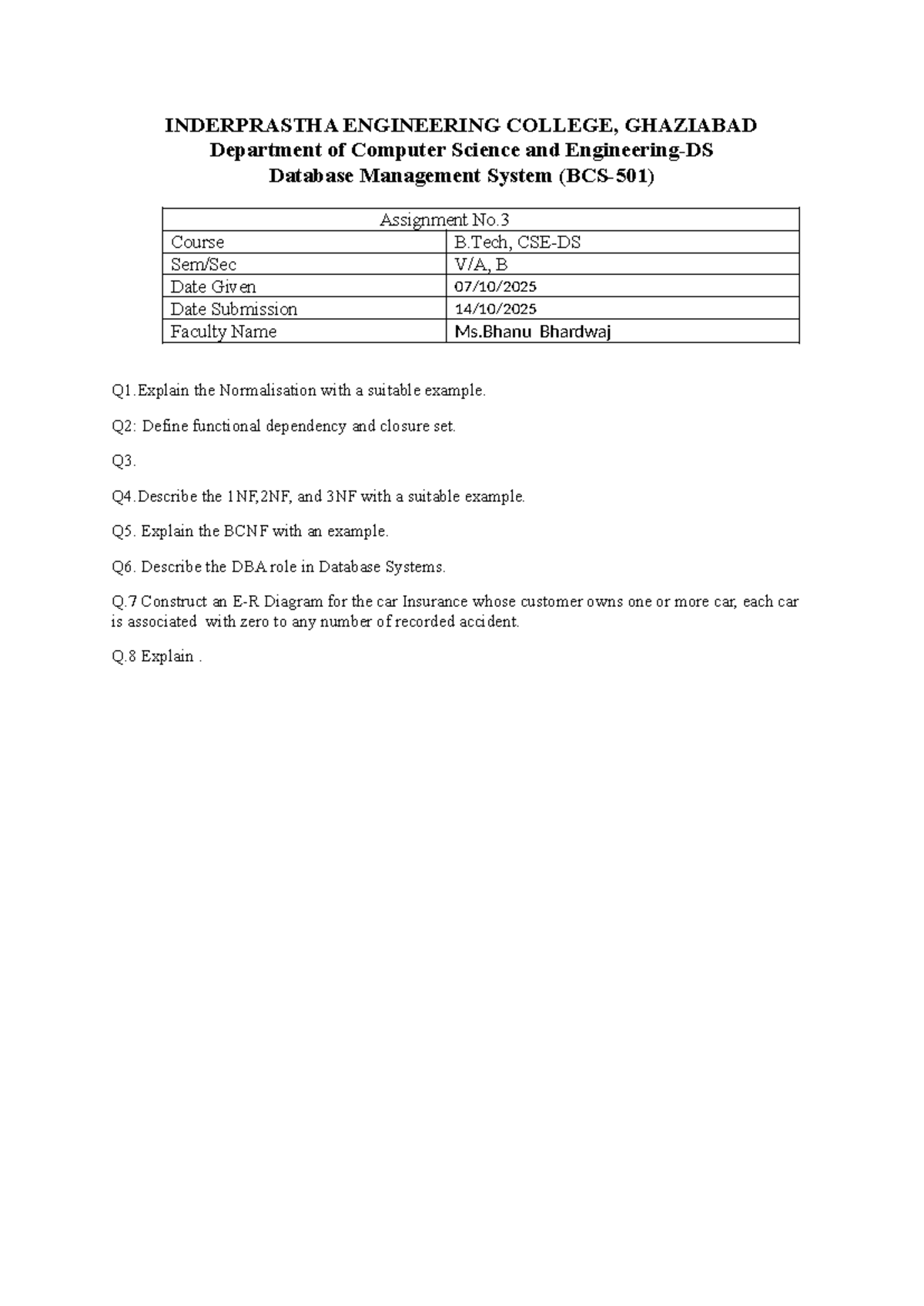 DBMS Assignment 1 - INDERPRASTHA ENGINEERING COLLEGE, GHAZIABAD ...