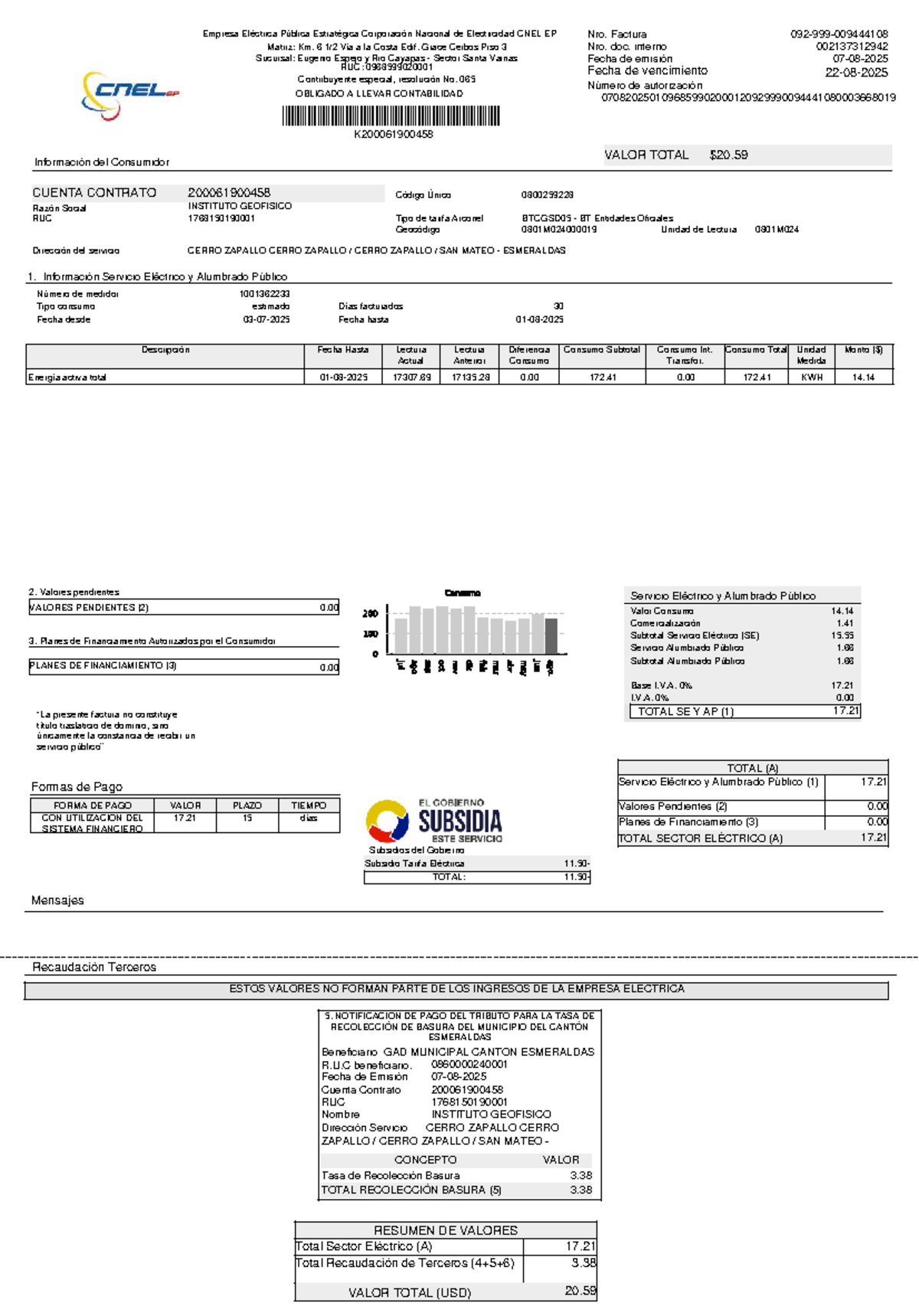 Factura CNEL EP - Información de Consumo y Valores Pendientes - Document Preview