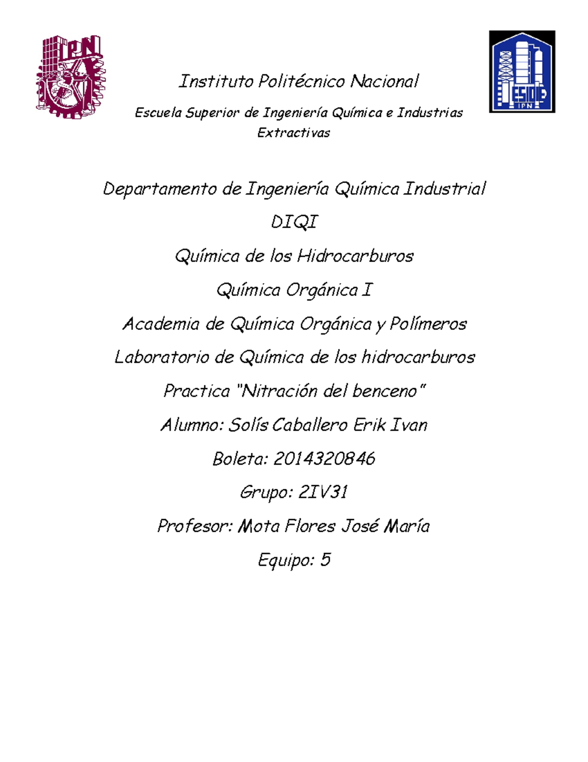 Práctica 5: Nitración del Benceno - Química Orgánica I - DIQI - Studocu