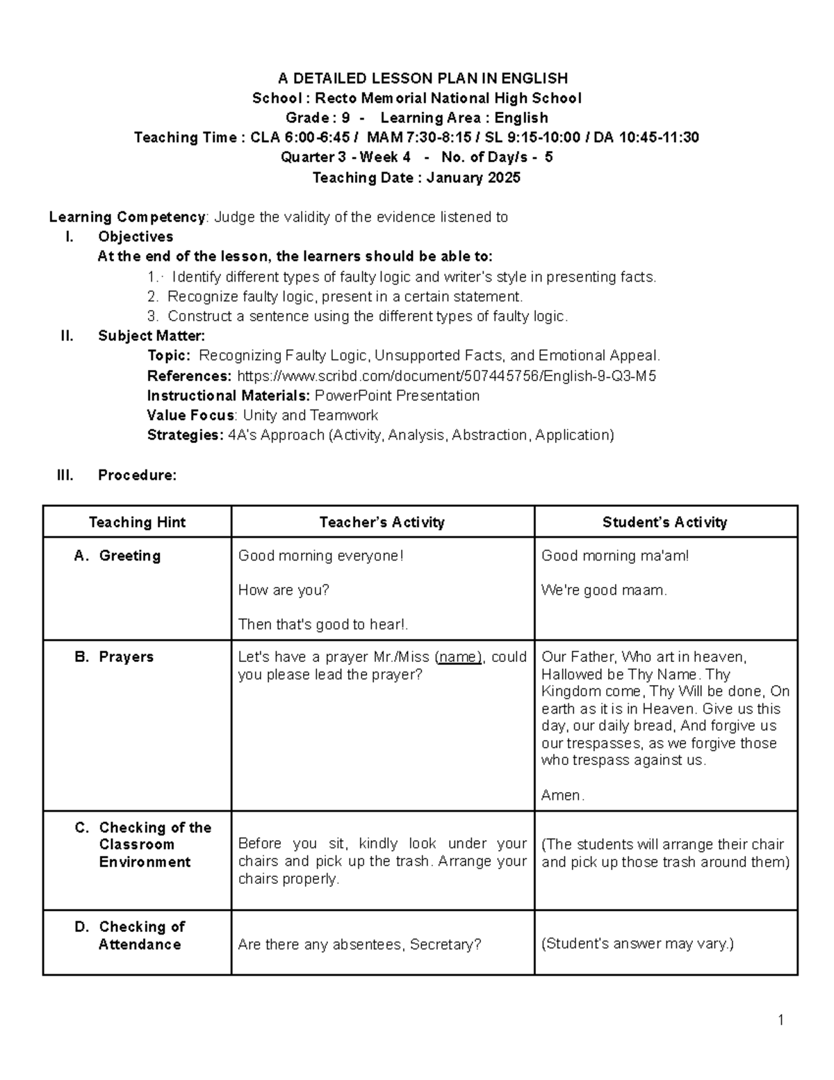 Final Lesson Plan: Recognizing Faulty Logic in English 9 - Studocu