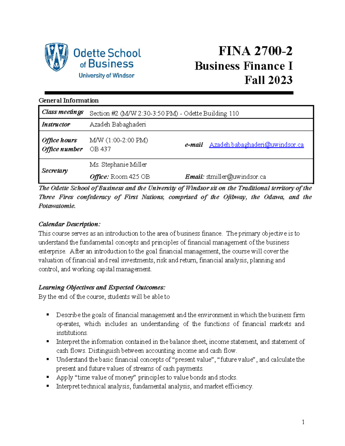 BF FINA 2700 - Business Finance I Syllabus - Fall 2023 Overview - Studocu