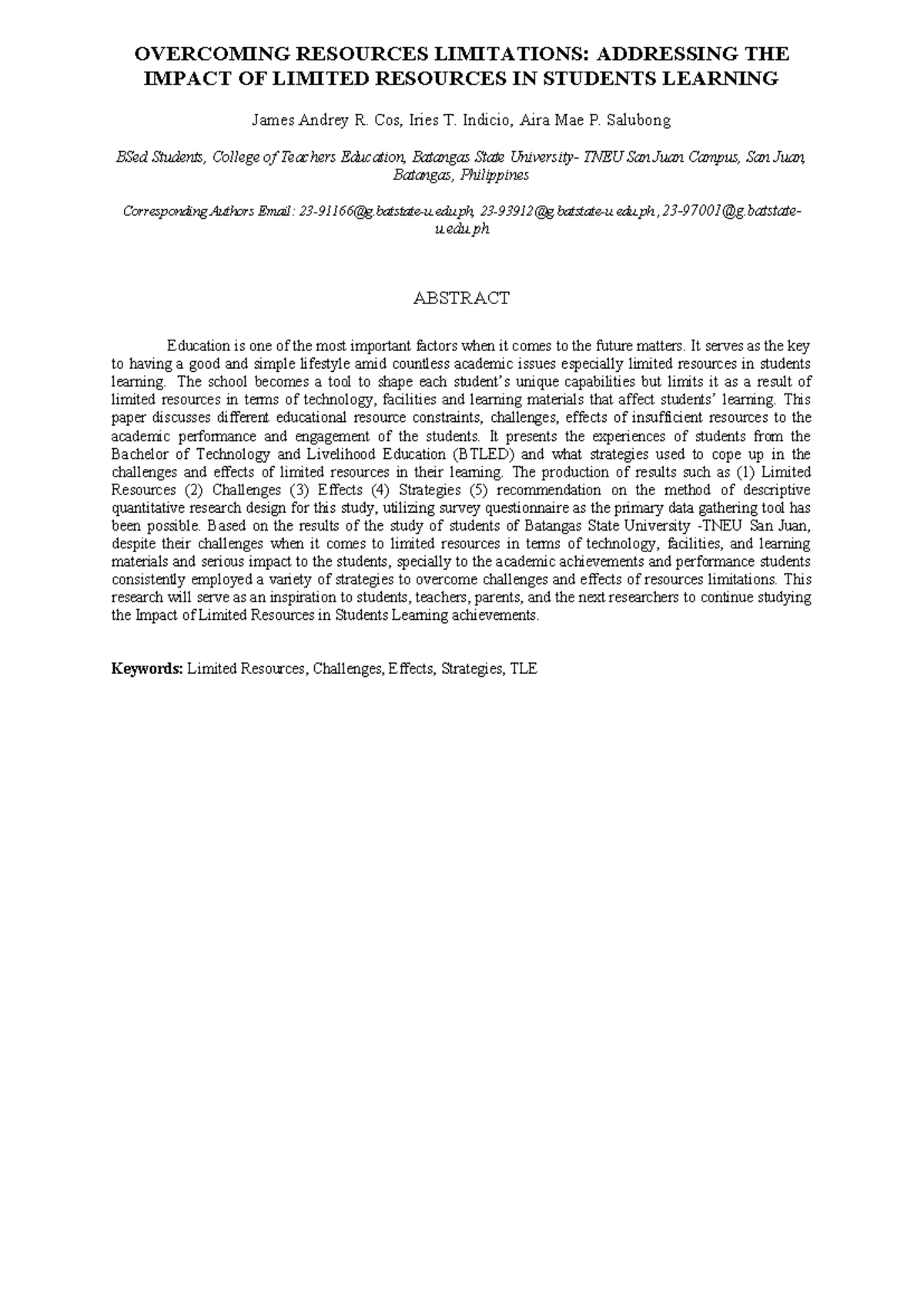 Addressing Resource Limitations in Student Learning: A BTLED Study ...