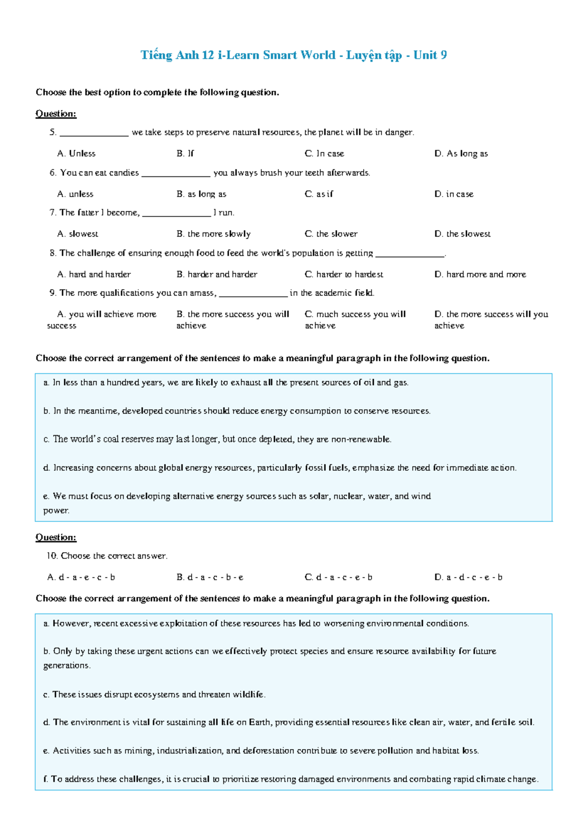 Tiếng Anh 12 - Luyện tập - i-Learn Smart World - Unit 9 Exercises - Studocu