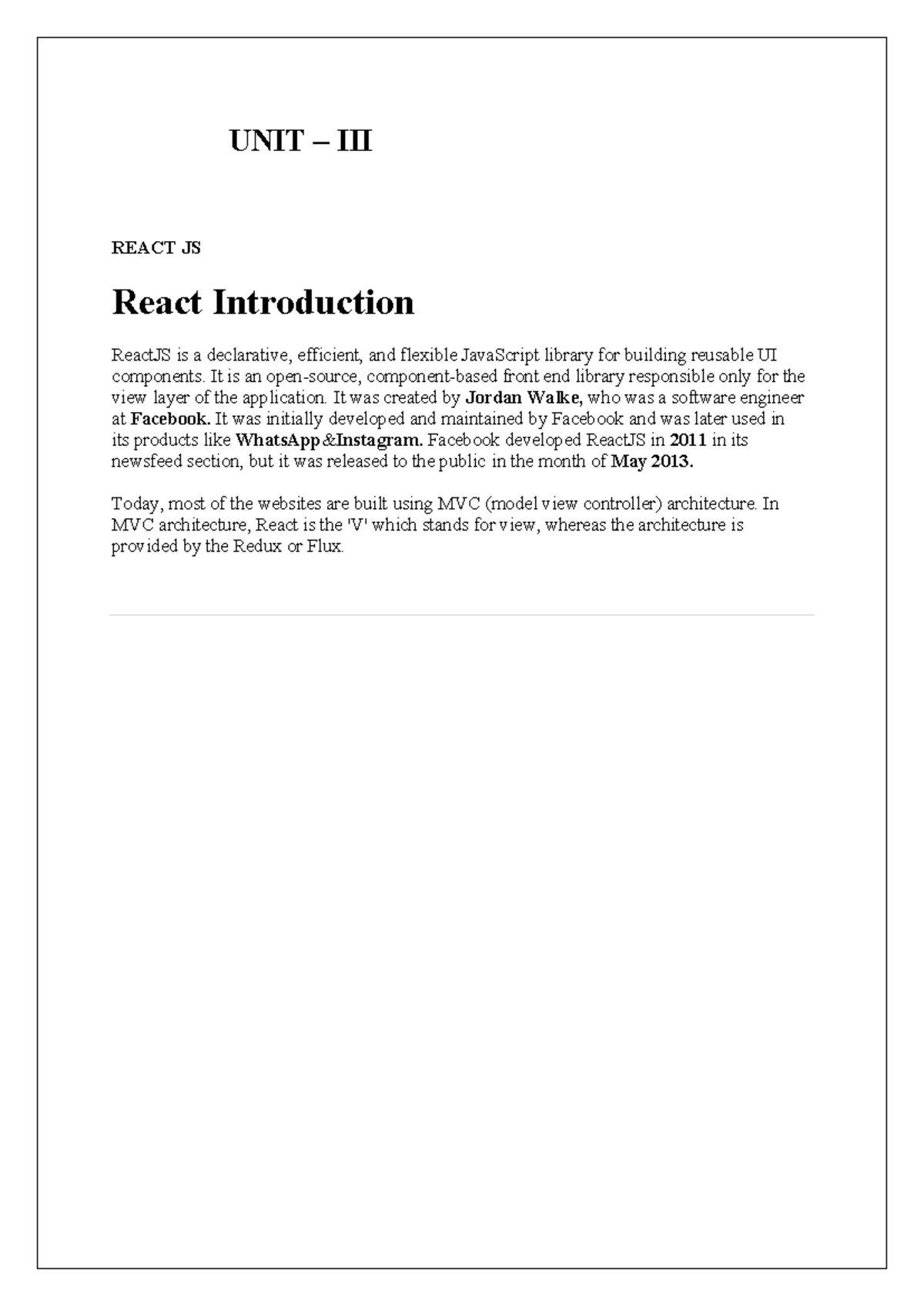 Full Stack Development UNIT III - UNIT – III REACT JS React ...