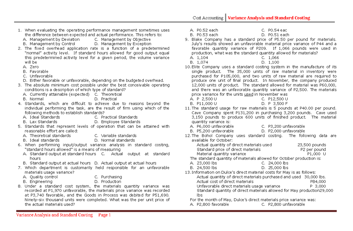 Cost Accounting Variance Analysis & Standard Costing Q - Studocu