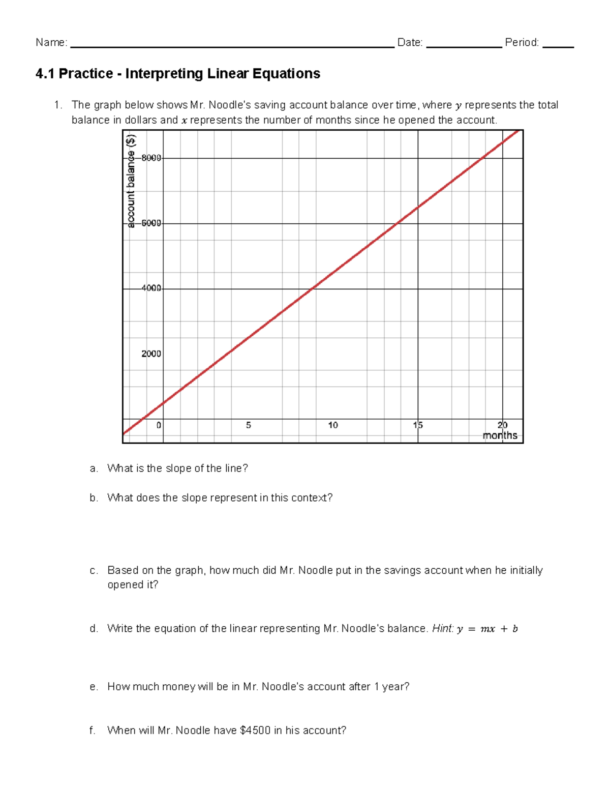 4.1 Practice - Interpreting Linear Equations - Name: Date: Period: 4 ...