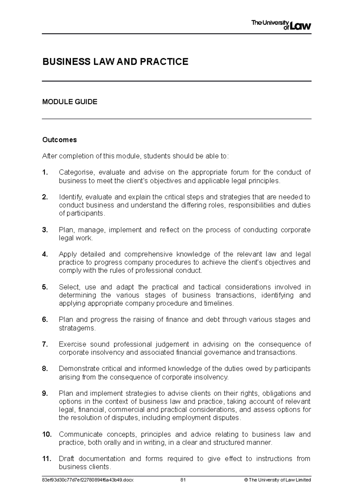 Module Guide - BUSINESS LAW AND PRACTICE MODULE GUIDE Outcomes After ...