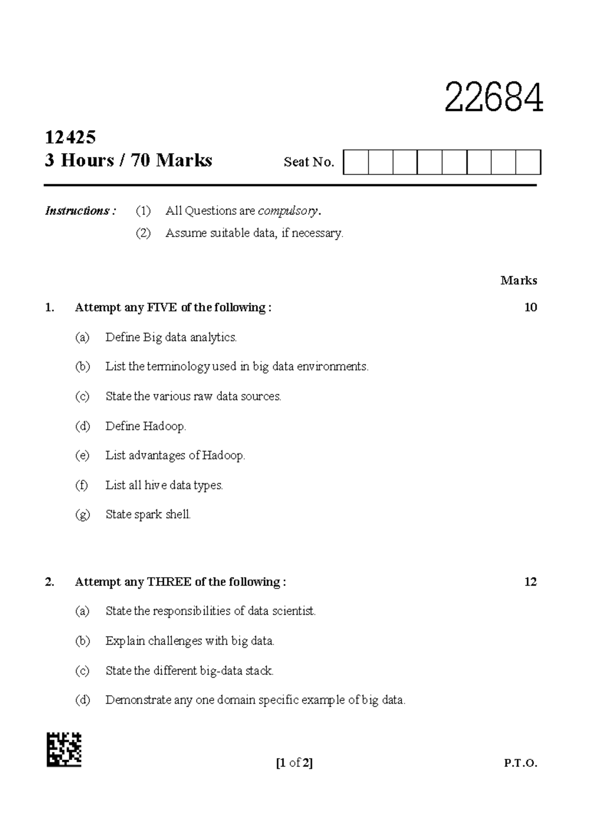 Big Data Analytics Exam - 22684 - 3 Hours, 70 Marks Instructions - Studocu
