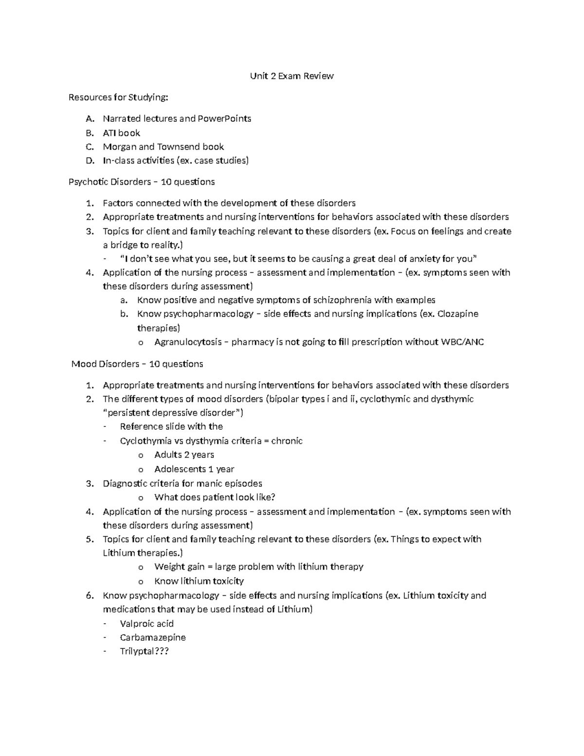 Unit II Exam Review: Psychotic & Mood Disorders Study Guide - Studocu