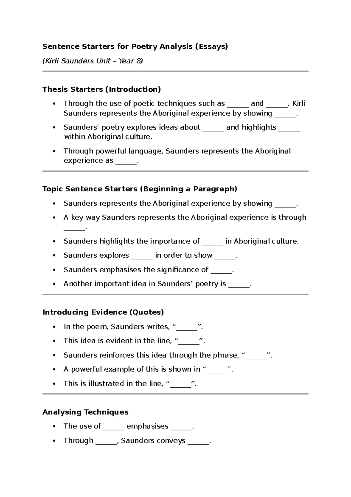 Sentence Starters for Poetry Analysis - Saunders’ poetry explores ideas ...