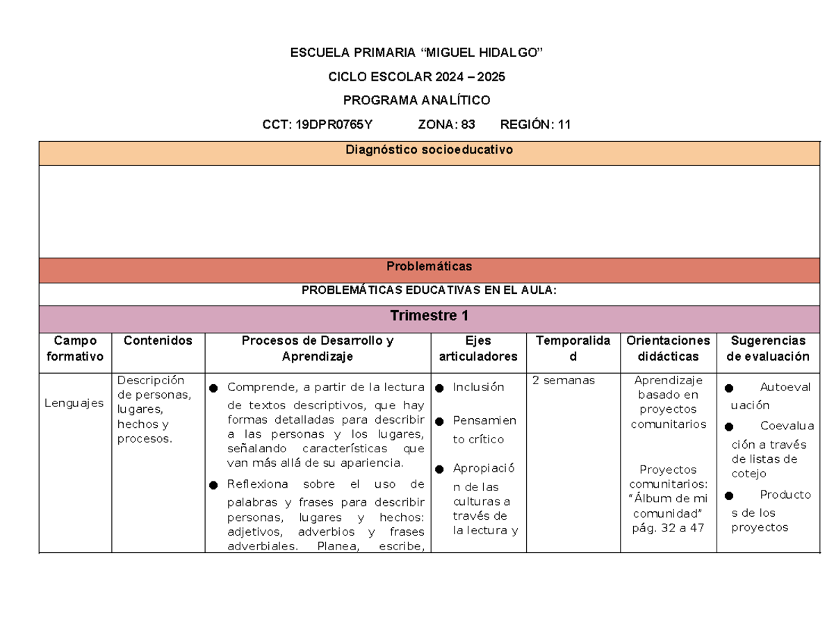 Programa Analítico 2024-2025 para Tercer Grado de Primaria - Studocu