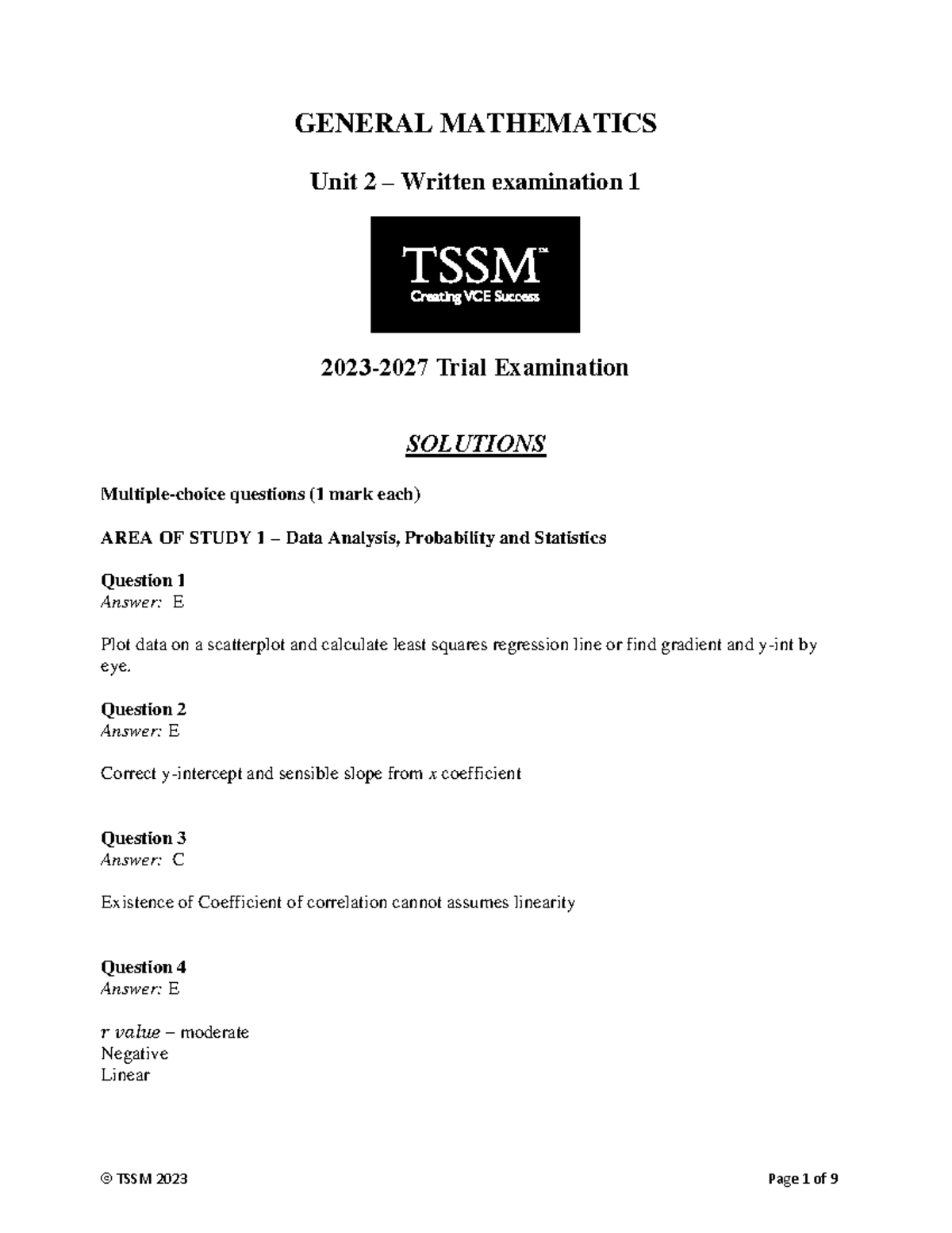 2023-2027 GENMATH Unit 2 Trial Exam 1 Solutions and Answers - Studocu
