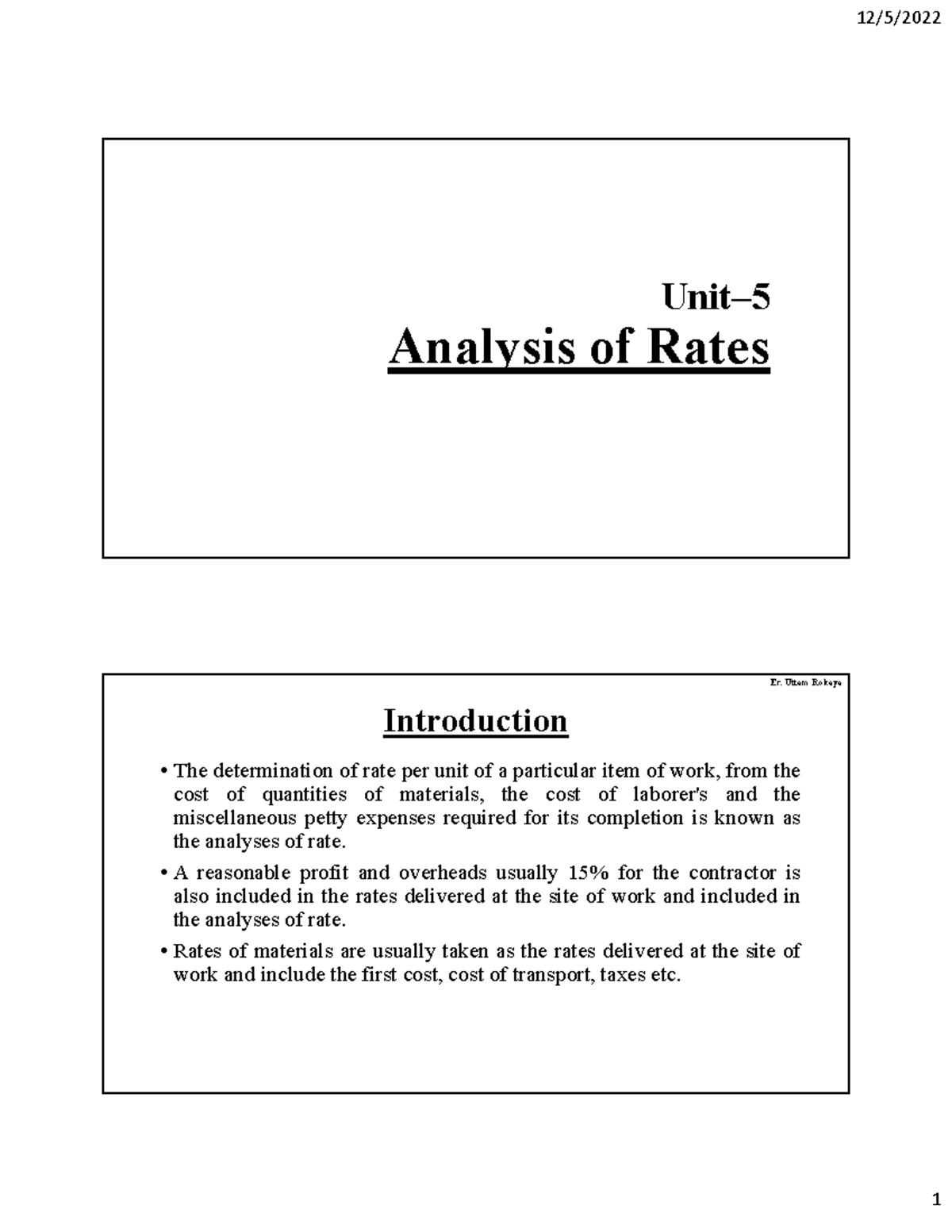 Unit 5: Detailed Analysis of Rates in Construction Projects - Studocu