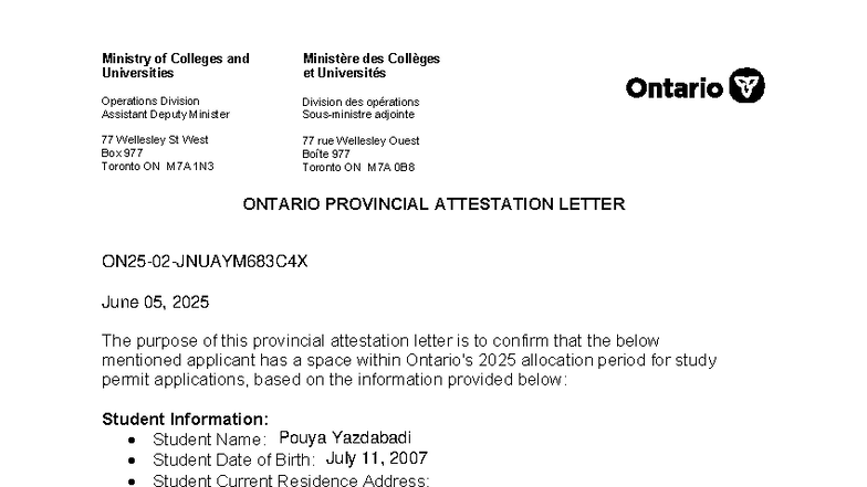 Provincial Attestation Letter for Study Permit - DWI 2027 - Studocu