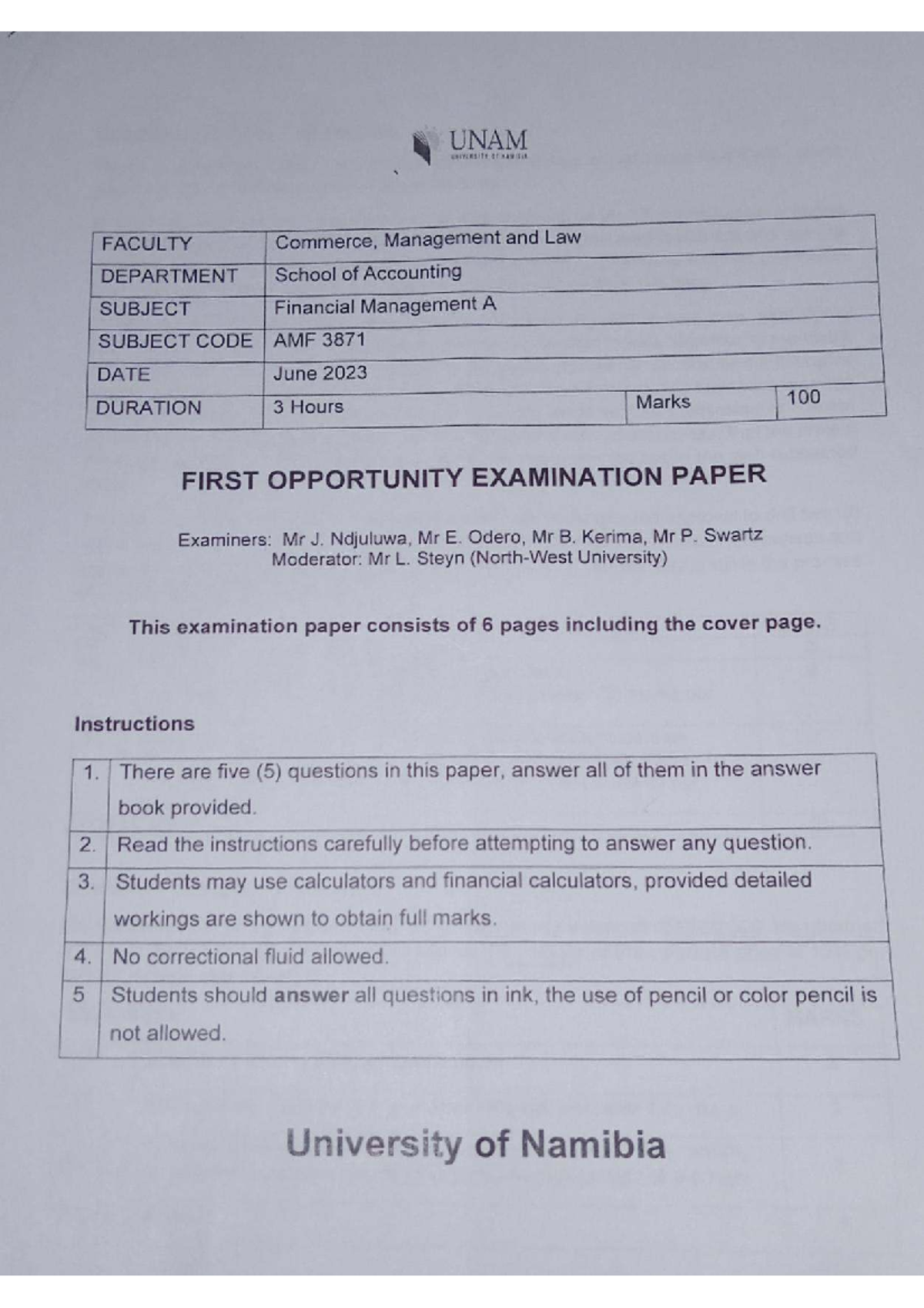Financial Management Exam Paper AMF 3871 - June 2023 - Studocu