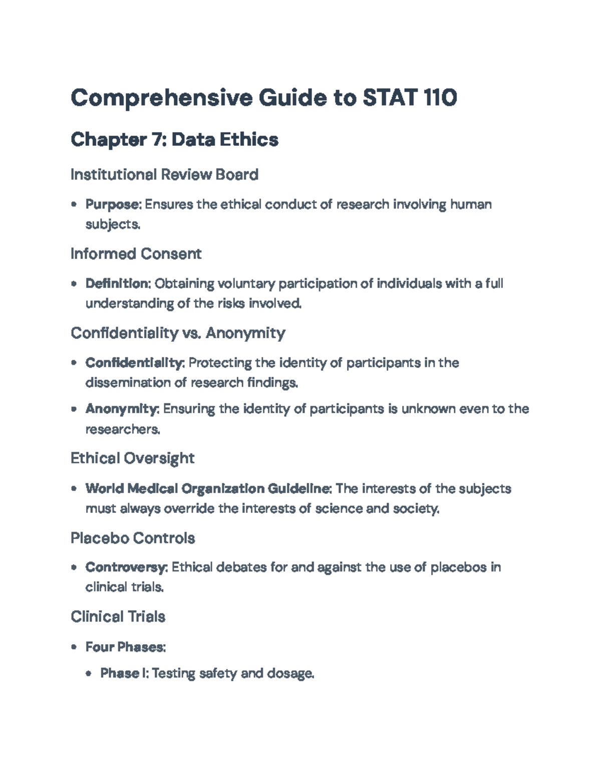 Comprehensive Study Guide for STAT 110: Data Ethics and Measurement ...
