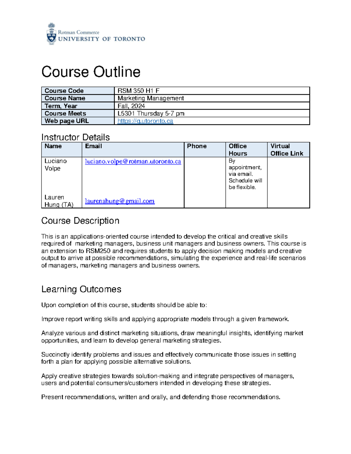 RSM350 - Fall 2024 Course Outline: Marketing Management Class Details ...