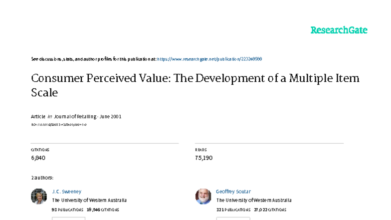 2001 - RETAIL 101: Consumer Perceived Value Scale Development - Studocu