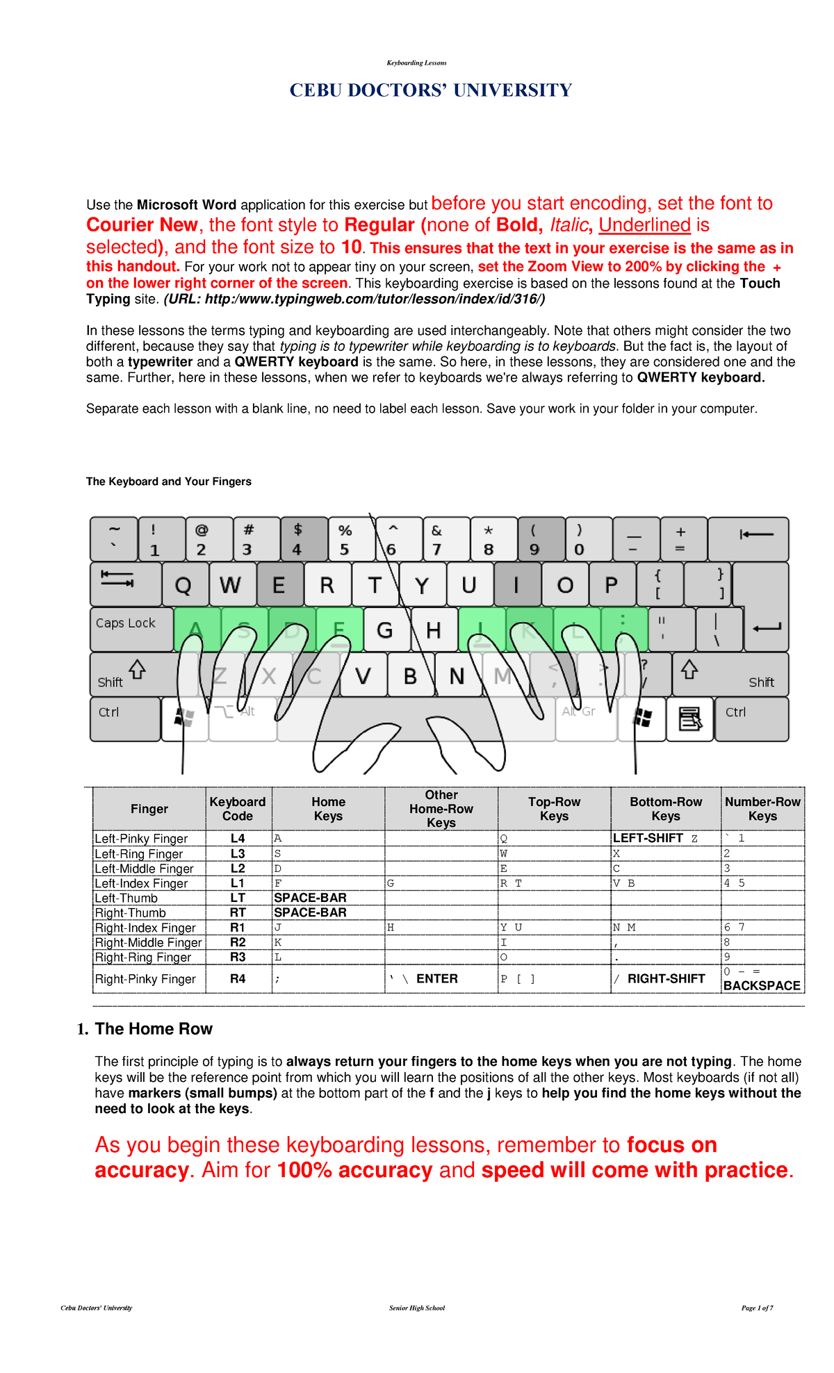 CEBU DOCTORS' UNIVERSITY Keyboarding Exercise & Home Row Practices ...