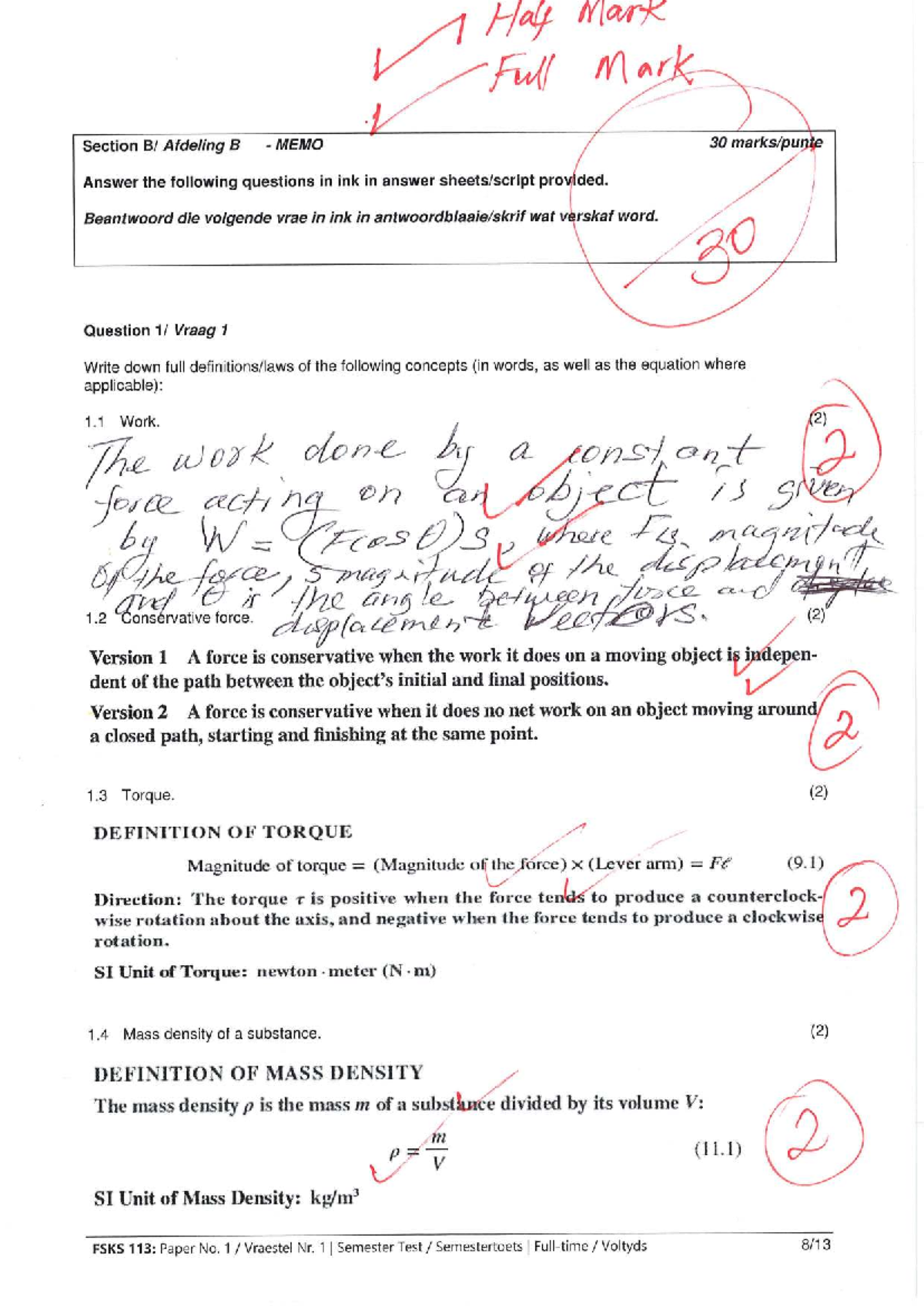 FSKS 113: Semester Test 2025 Memo - Detailed Solutions and Explanations ...