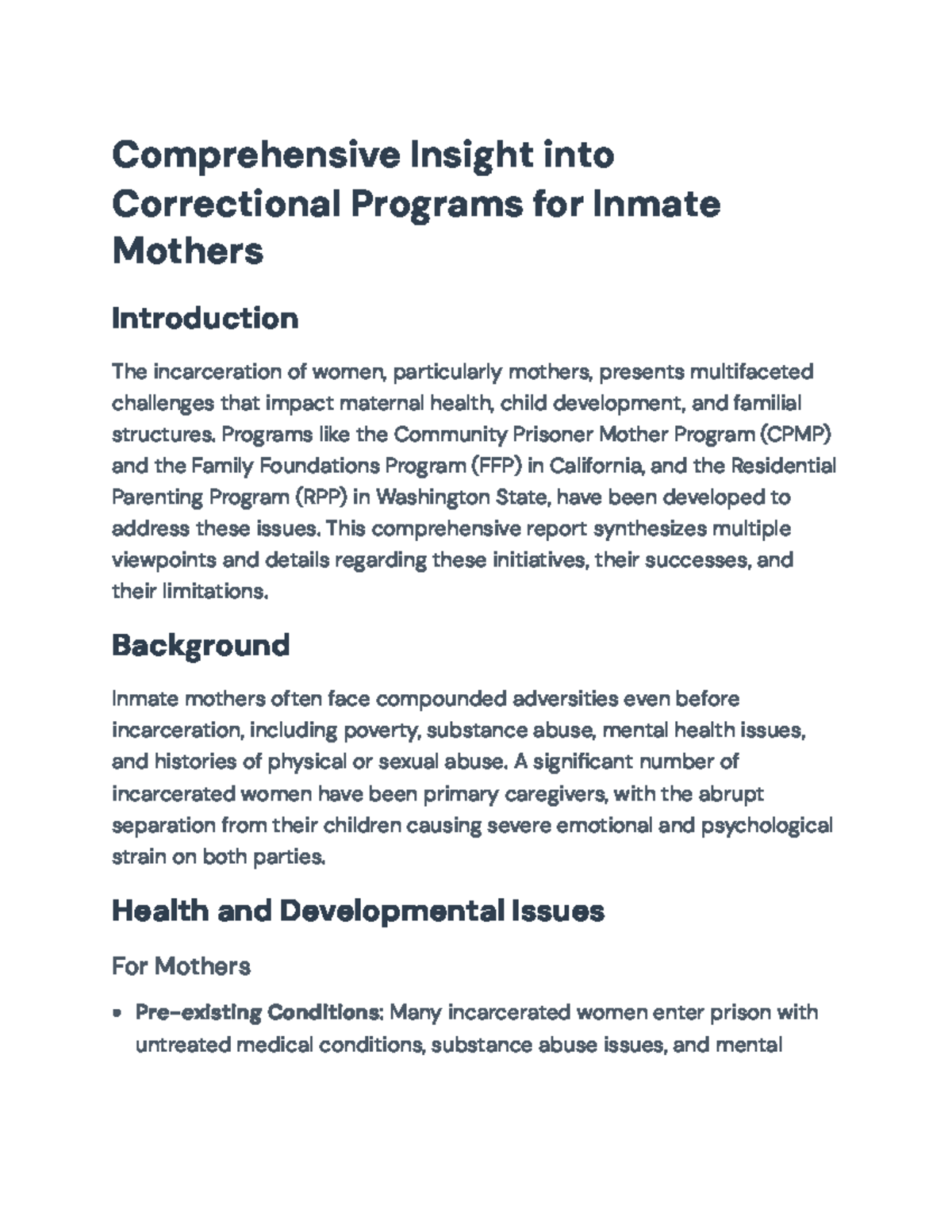 Comprehensive Report on Inmate Mother Programs (CPMP, FFP, RPP ...