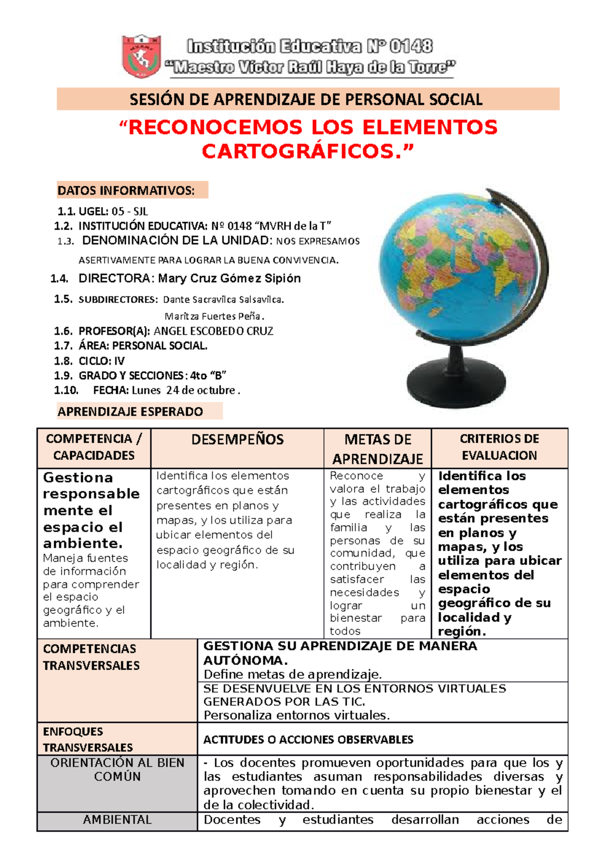 Sesión de Aprendizaje de Personal Social: Elementos Cartográficos - Studocu