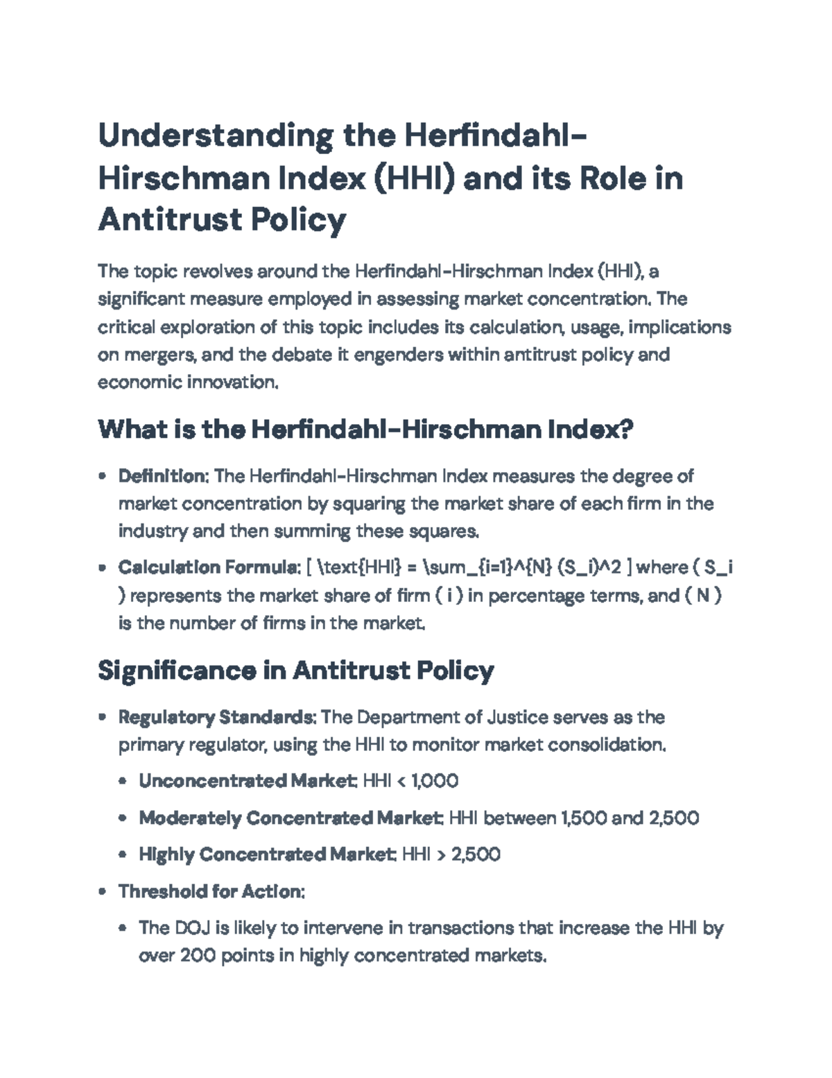 Understanding the Herfindahl-Hirschman Index (HHI) in Antitrust Policy ...