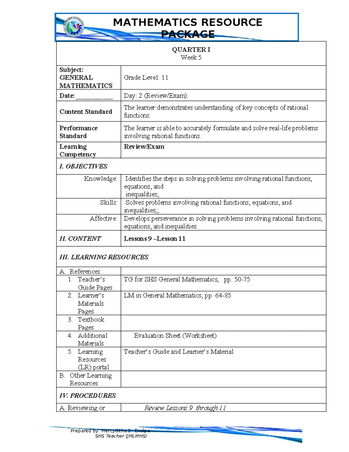 MATHEMATICS RESOURCE PACKAGE GRADE 11: Week 3 Day 4 Review Exam on ...